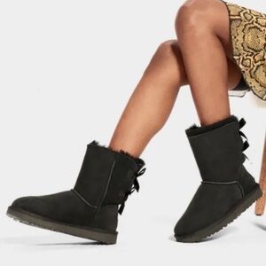 UGG Bailey Bow 2 Black Low Short Ankle Boots Shearling Sherpa